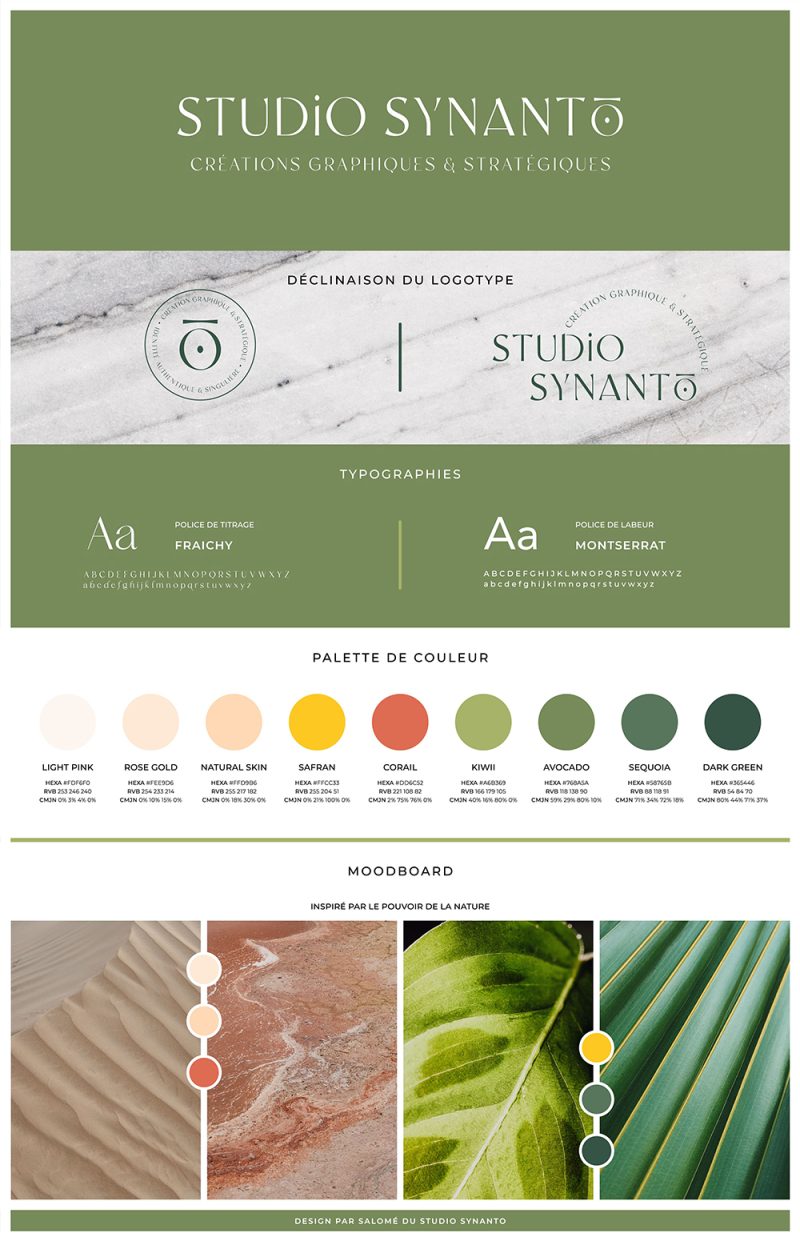Le brandboard, ou planche de marque en français, du studio synanto. On y retrouve le logo principal et ses déclinaisons, la palette colorée et les typographies.